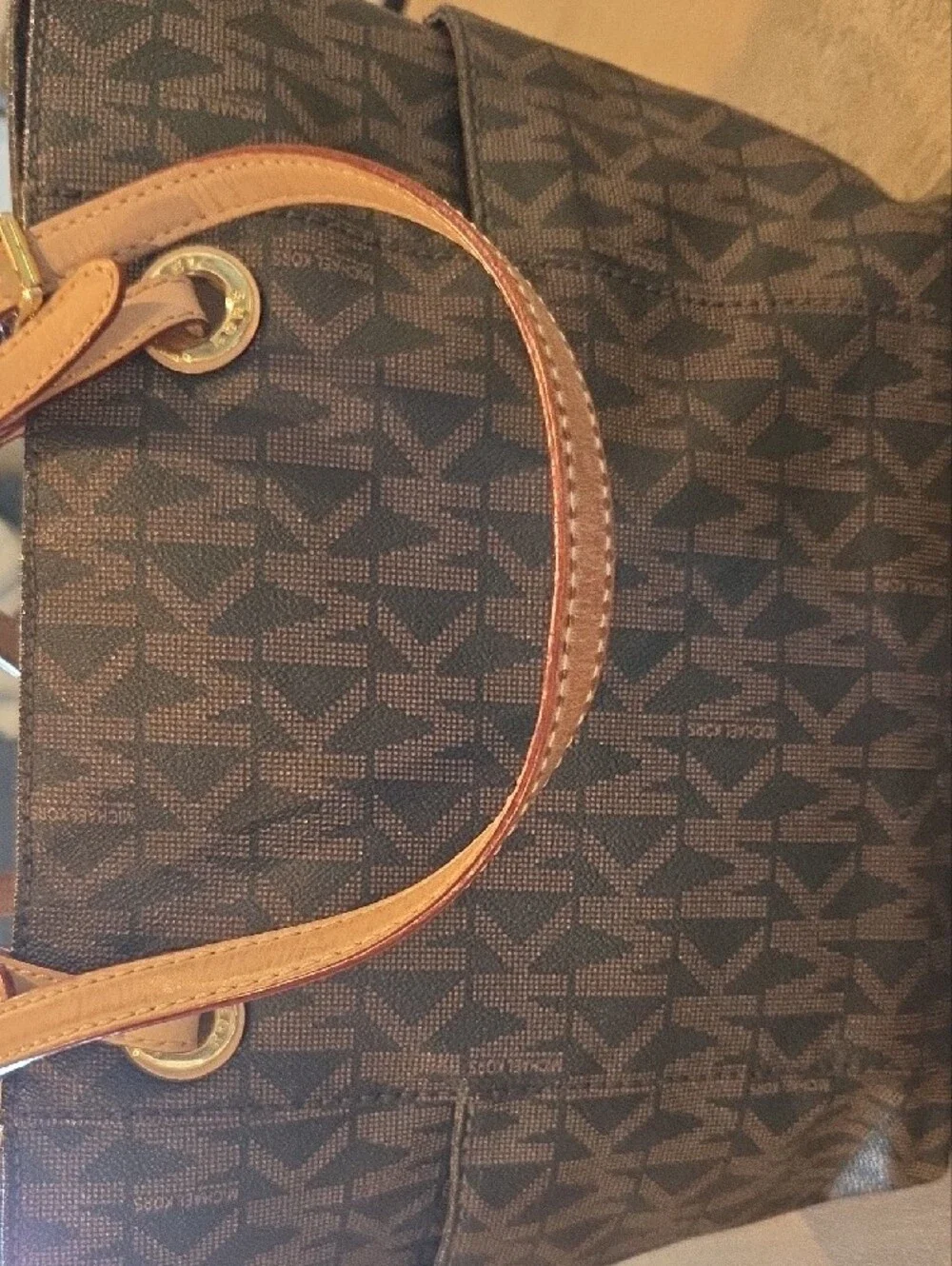 Michael Kors Brown Logo Tote with Tan Leather Straps and Gold MK Charm